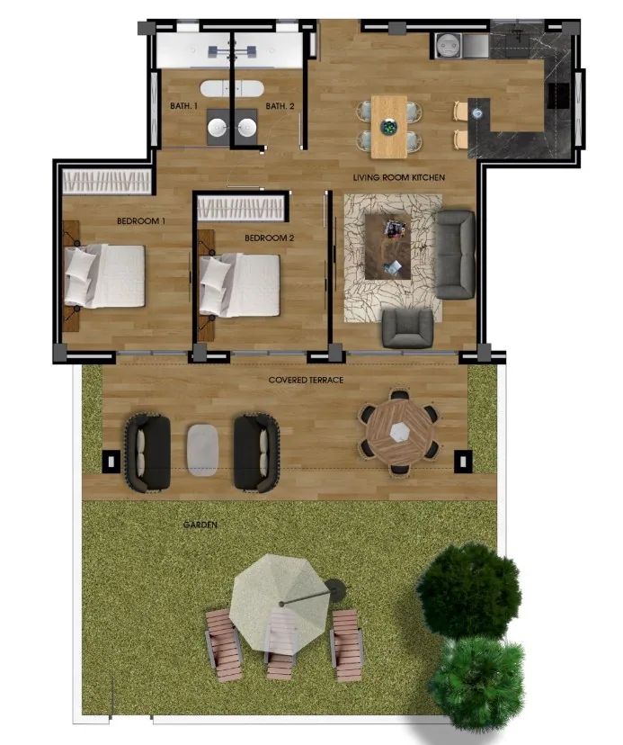 Plattegrond van het appartement met twee slaapkamers, terras en tuin